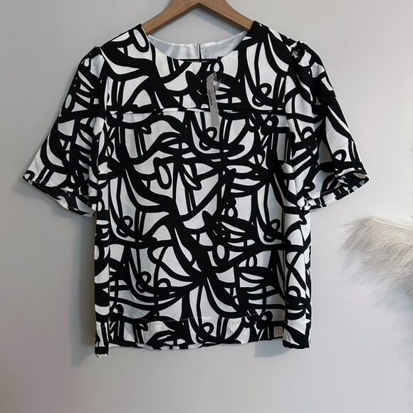 J.Crew Satin Graphic Black and White (Painter Print) Short Sleeve Blouse - Picture 1 of 6